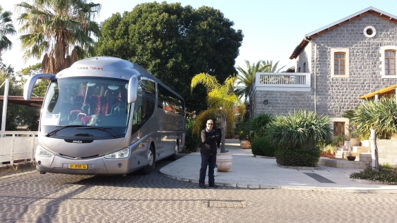 Our Bus, Our Guide (Guston), and the Pilgrim House in Tabgha